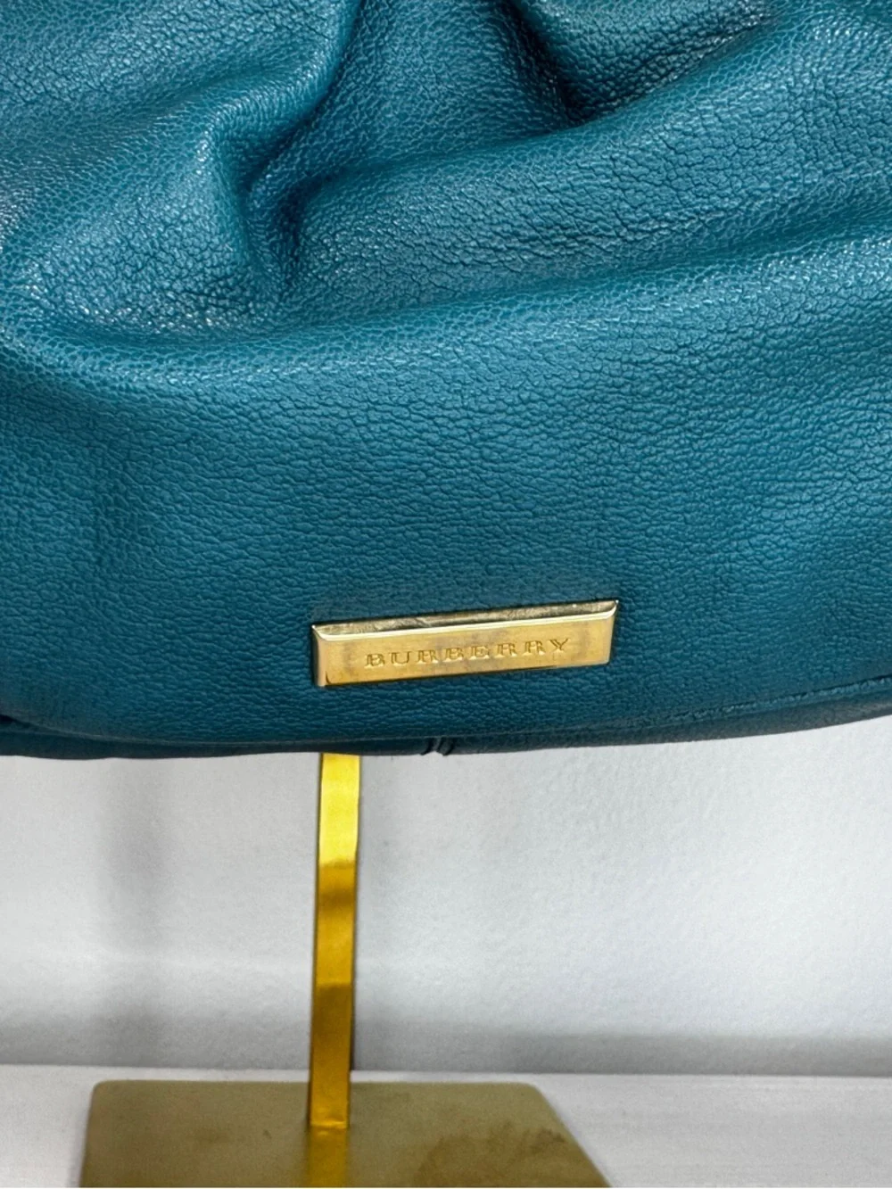 Burberry Pebbled Leather Shoulder Bag Teal Gold Hardware Quiet Luxury Hobo - Picture 5 of 14